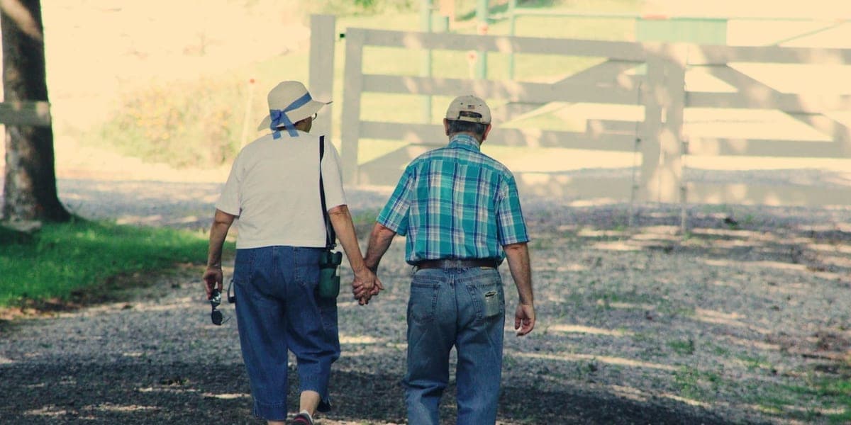 Two older adults walking hand in hand along a shaded path.