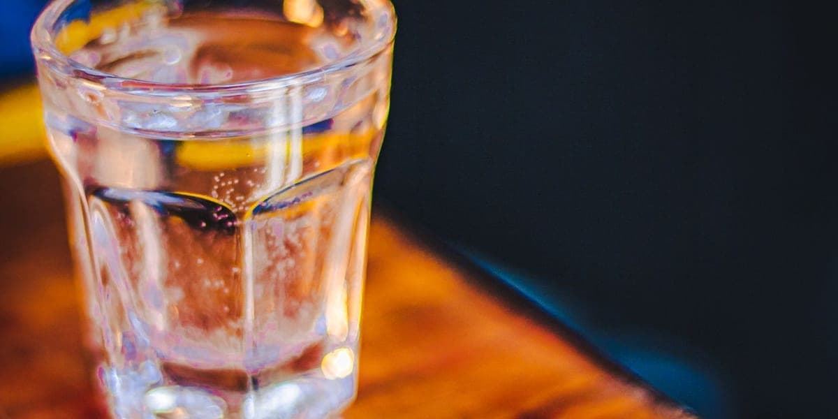 A clear glass of water on a wooden table against a dark background.
