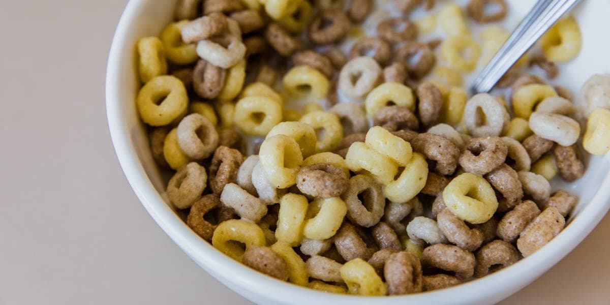 A white bowl of ring-shaped cereal with milk and a metal spoon.