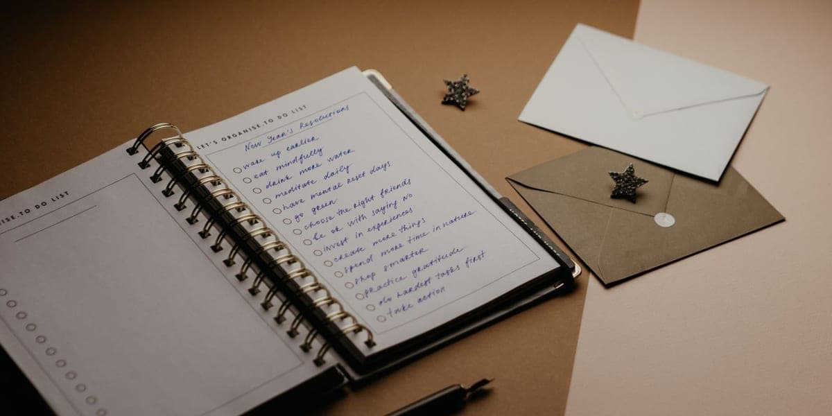 An open ring-bound planner with a handwritten list, envelopes and a pen on a table