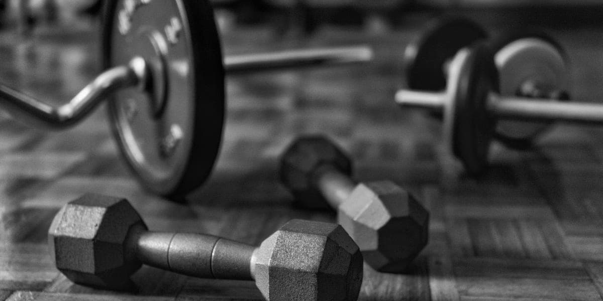 Black-and-white photograph of dumbbells and barbells on a wooden gym floor
